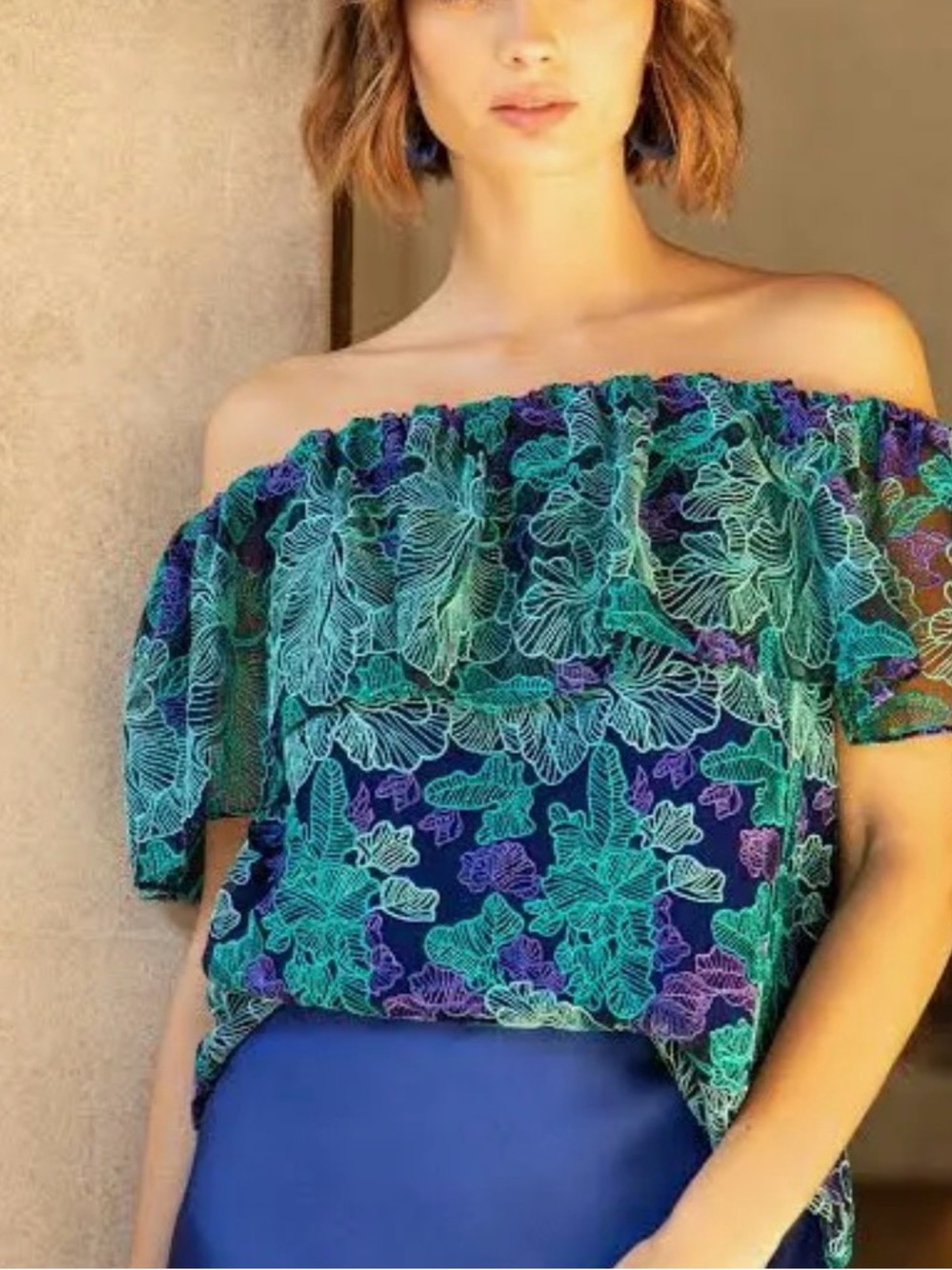 Trina Turk Navy Blue & Teal Floral Off-Shoulder Blouse